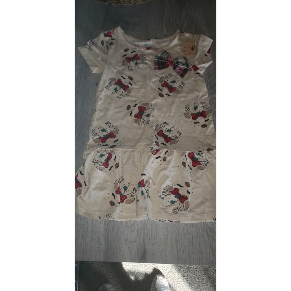 Girls Reindeer Christmas Dress with Plaid Hair Bow Oatmeal Heather XS 4/5